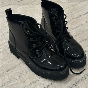 H Halston black patent lug heel bootie